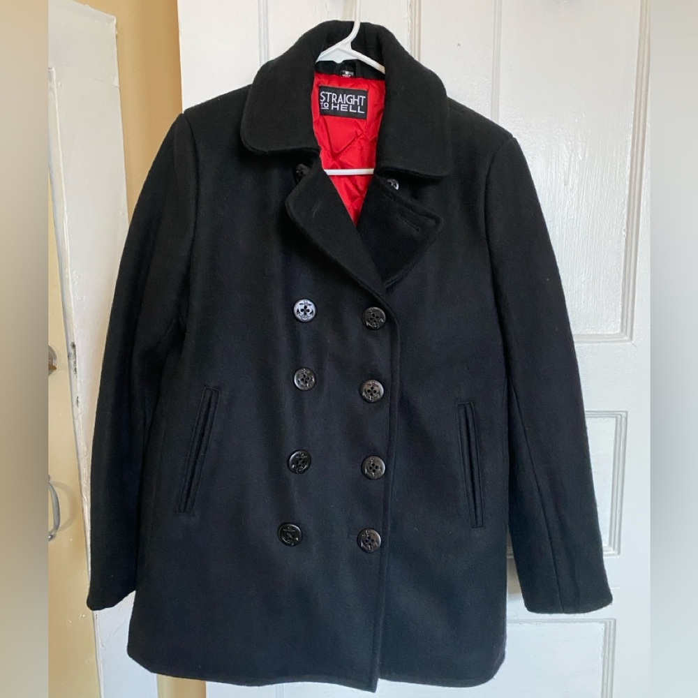 NWOT Straight to Hell unisex black wool pea coat with red quilted lining.